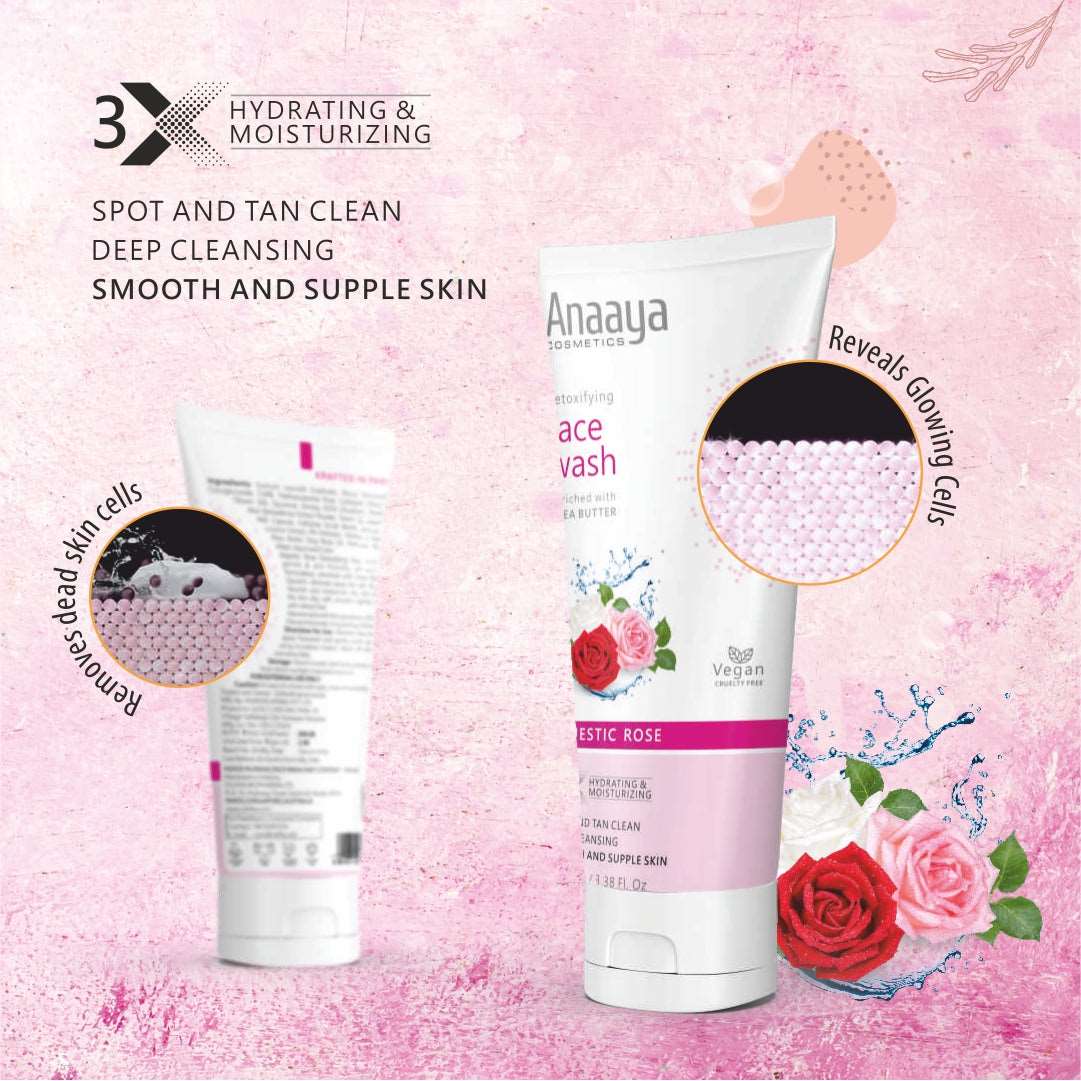 Anaaya Silky Soft Majestic Rose Body Butter & Detoxifying Face Wash Combo: Hydrating Cream & Deep Cleansing | Spot & Tan Clean | Shea Butter, Rose Oil Extract & Kumkumadi Oil | 72 Hr Moisturisation