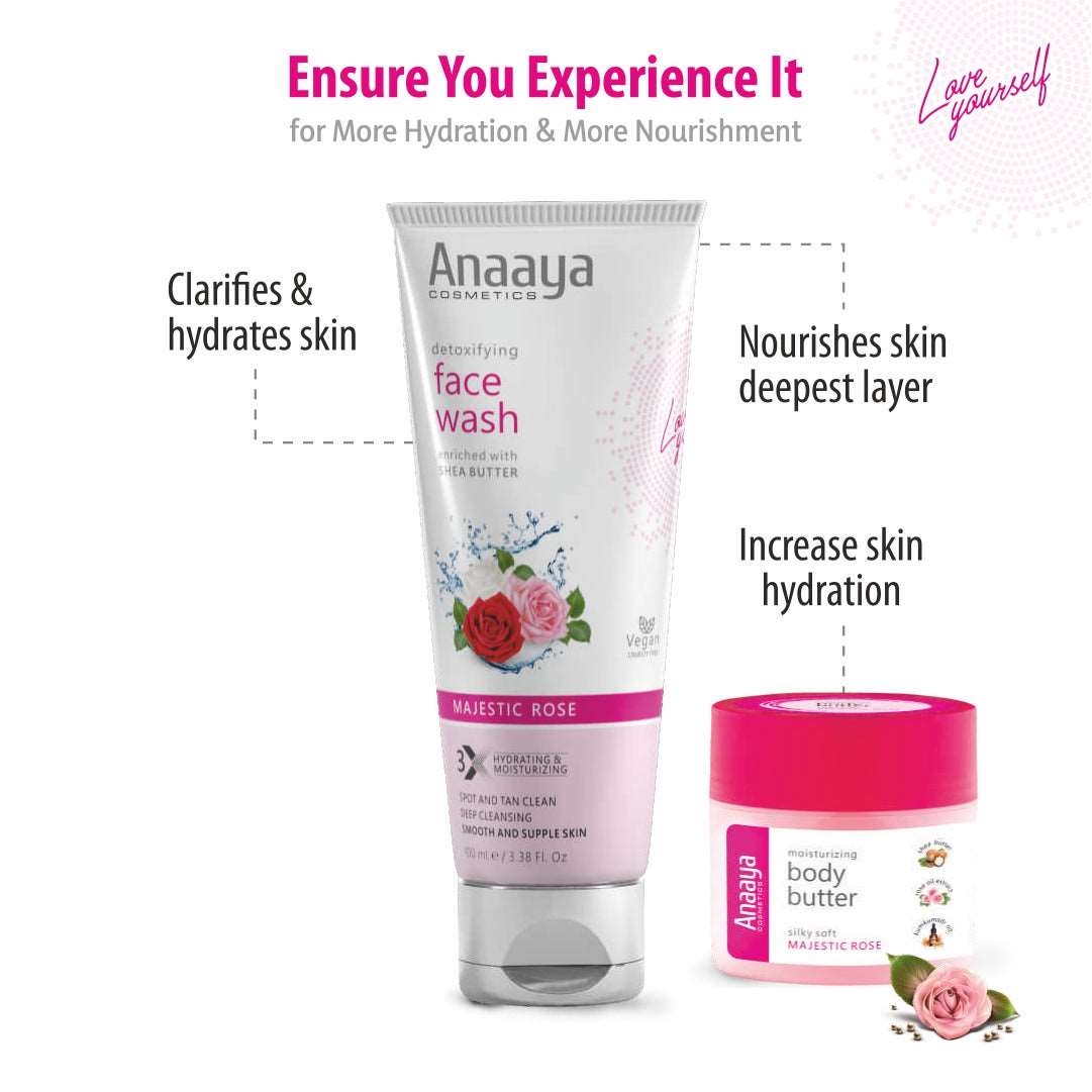 Anaaya Silky Soft Majestic Rose Body Butter & Detoxifying Face Wash Combo: Hydrating Cream & Deep Cleansing | Spot & Tan Clean | Shea Butter, Rose Oil Extract & Kumkumadi Oil | 72 Hr Moisturisation