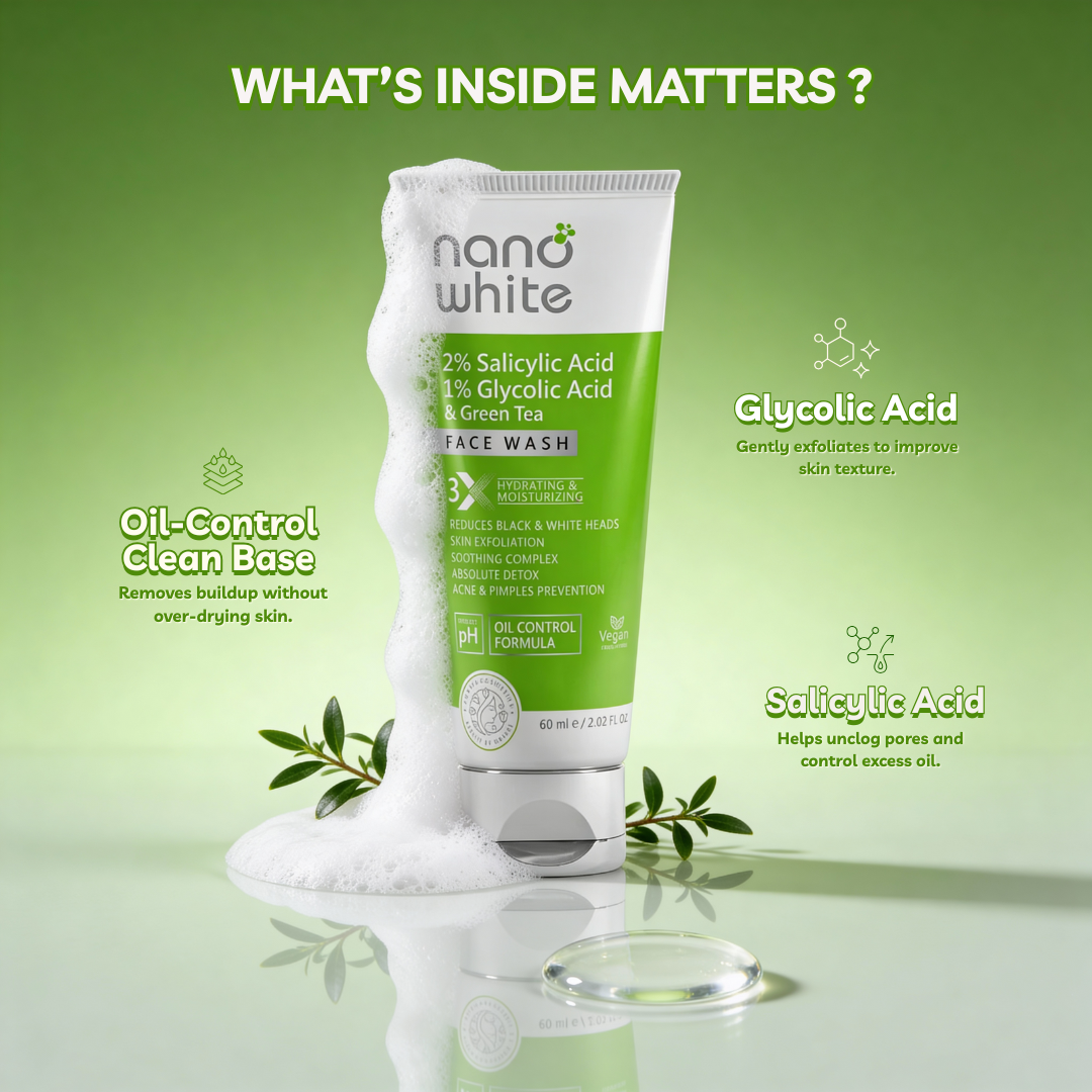 Nano White Face Wash | Oil Control Formula with Salicylic & Glycolic Acid