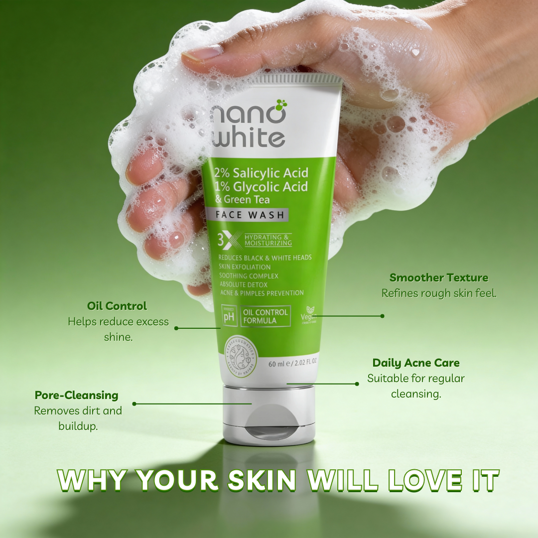 Nano White Face Wash | Oil Control Formula with Salicylic & Glycolic Acid