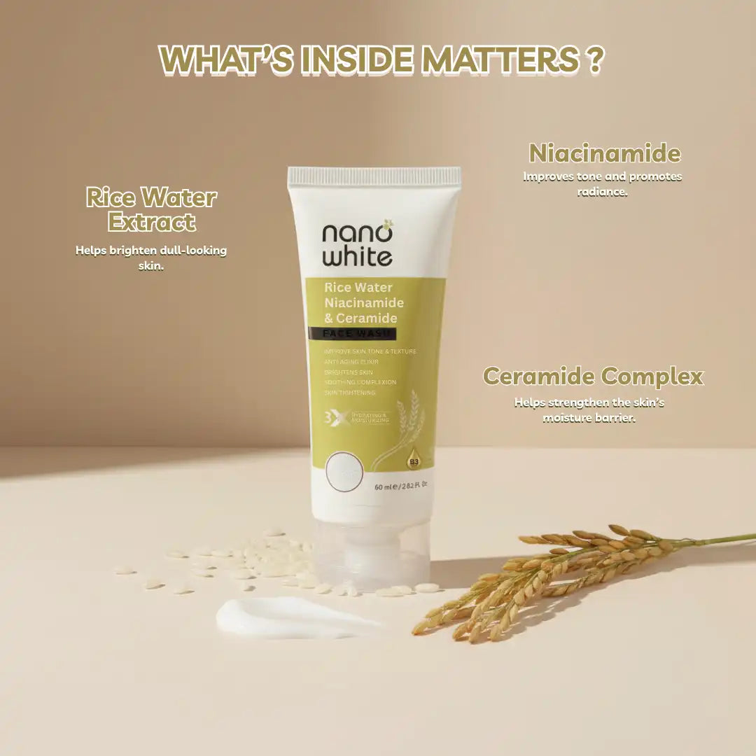 Nano White Rice Water, Niacinamide & Ceramide For Glass Skin | Tightening |Nourishing Glowing | Extra Hydrating |Anti Aging Face wash 60 ml (Pack of 2)