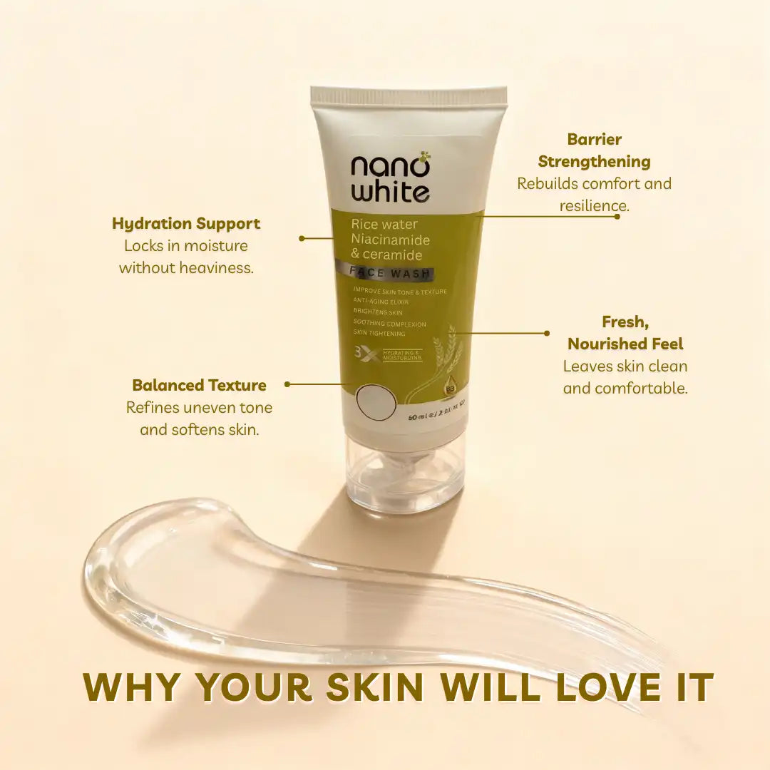 Nano White Rice Water, Niacinamide & Ceramide For Glass Skin | Tightening |Nourishing Glowing | Extra Hydrating |Anti Aging Face wash 60 ml (Pack of 2)