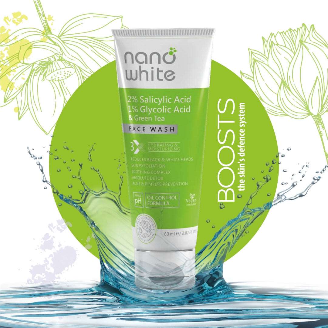 Nano White Face Wash 1% Kojic,1% Niacinamide & 1% Alpha Arbutin, and Nano White Face Wash 2% Salicylic,1% Glycolic & Green Tea. Perfect for daily use, targeting fine lines, wrinkles, acne, and blackheads.