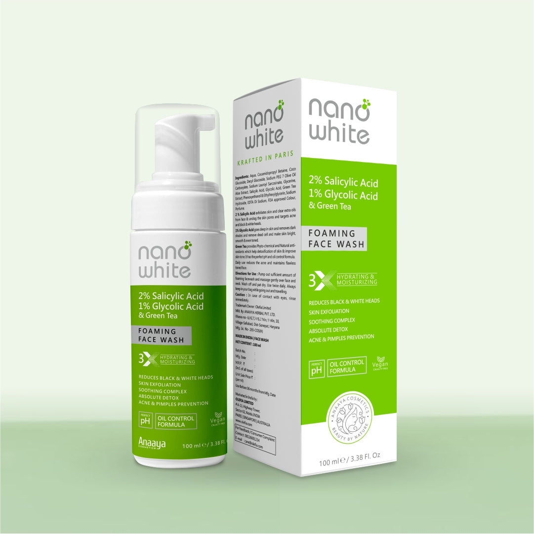 Nano White 2 % Salicylic Acid, 1 % Glycolic Acid & Green Tea |Acne Pimple|Black White Head |Wrinkle Remover Foaming Face Wash 100 ml