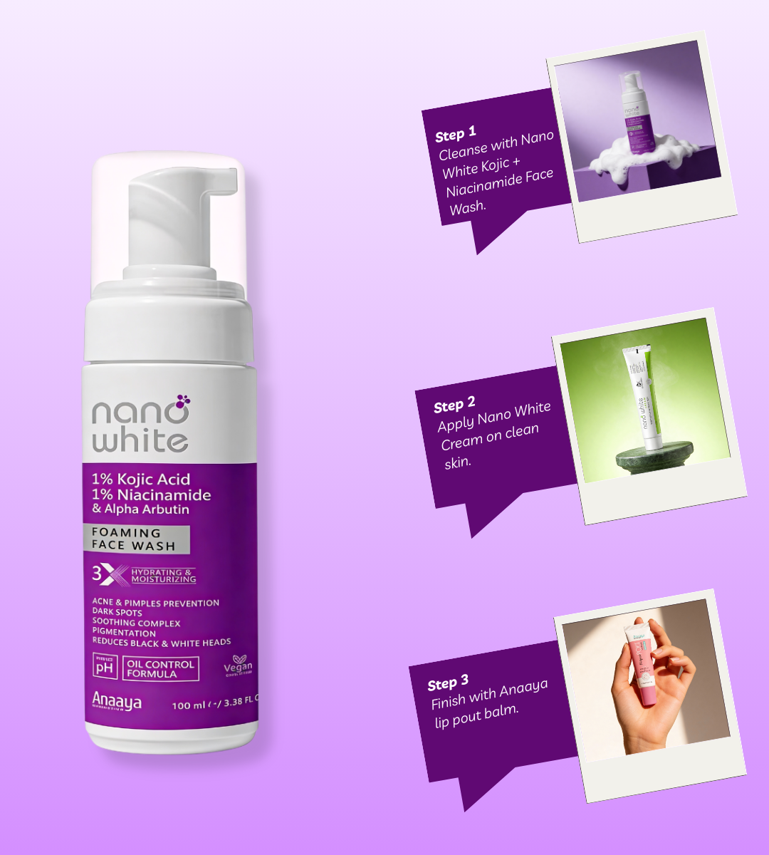 Nano White 1% Kojic Acid, 1 % Niacinamide & Alpha Arbutin |Acne Pimple|Dark Spot|Lightening Brightening Pigmentation Foaming Face wash 100 ml