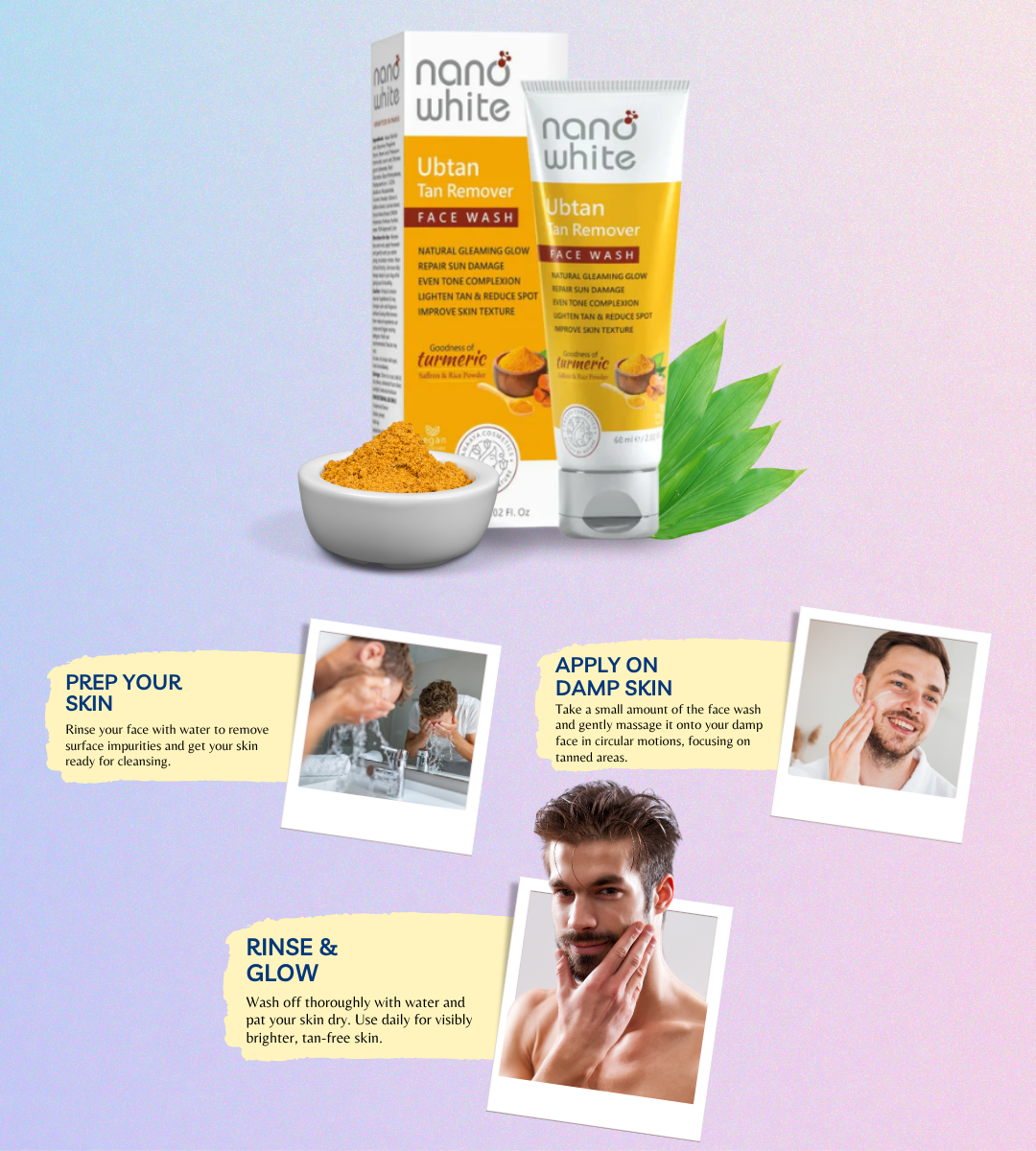 Nano White Ubtan Tan Remover |Turmeric Saffron Rice Water | Repair Sun Damage | Even Tone Complexion | Reduce Spot |Improve Texture Glow Face wash 60 ml