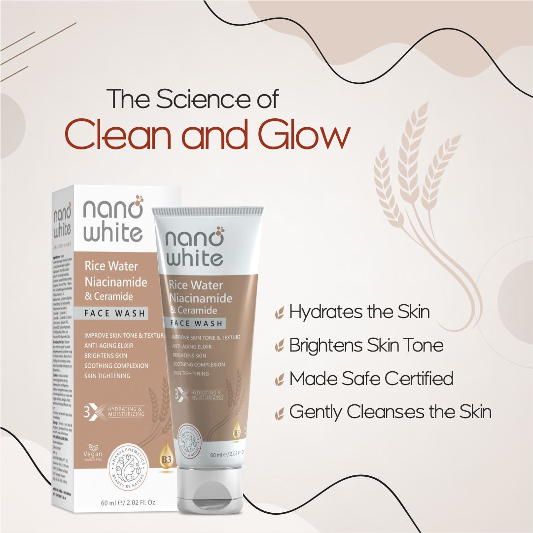 Nano White Rice Water, Niacinamide & Ceramide For Glass Skin | Tightening |Nourishing Glowing | Extra Hydrating |Anti Aging Face wash 60 ml (Pack of 2)