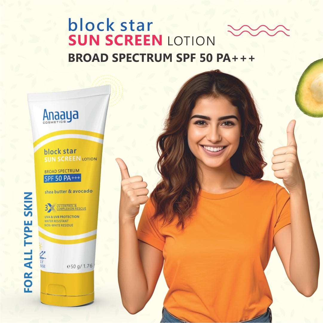 Sun-Kissed Protection Combo: Anaaya Block Star Sunscreen Lotion with Shea Butter & Avocado, SPF 50 PA+++, and Detoxifying Lavish Lavender Face Wash. Deep cleansing with UVA & UVB protection for all skin types