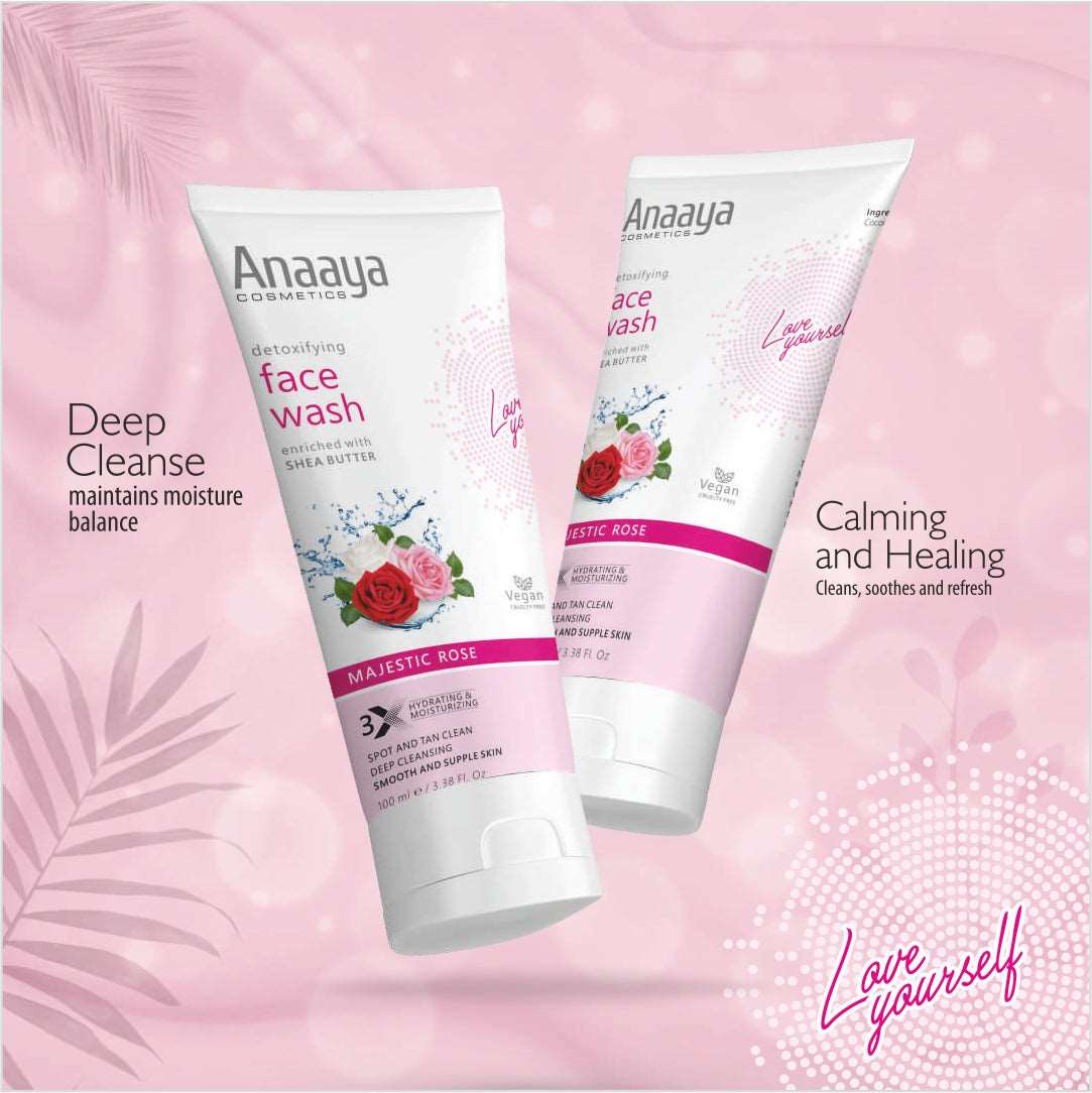 Anaaya Detoxifying Face Wash Duo: Majestic Rose and Lavish Lavender. Infused with Shea Butter for deep cleansing, spot & tan clean, pollution damage defense. Vegan, paraben-free formula for oil-free, radiant skin