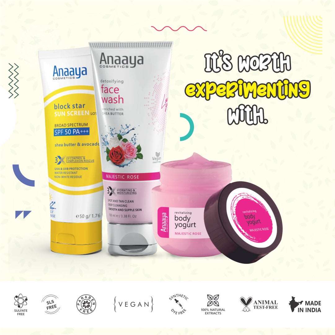 Sun-Kissed Protection Combo: Anaaya Block Star Sunscreen Lotion with Shea Butter & Avocado, SPF 50 PA+++, and Detoxifying Lavish Lavender Face Wash. Deep cleansing with UVA & UVB protection for all skin types