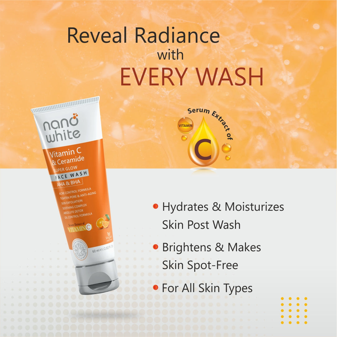 Nano White Glow & Repair facewash Combo | Rice water + Niacinamide and Vitamin C + Ceramide Facewashs (1 + 1) | Bright, Smooth, Hydrated Skin