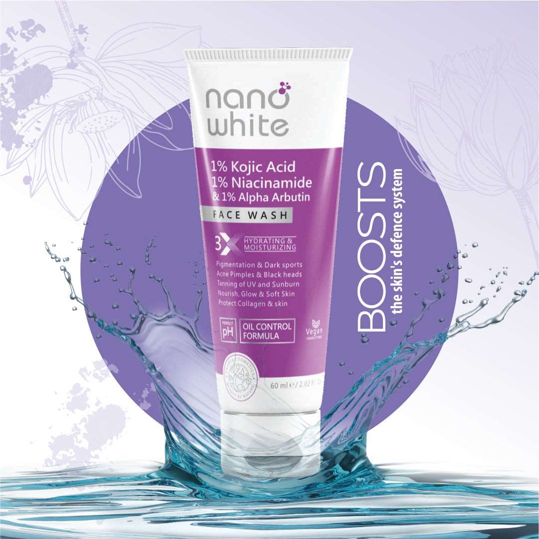 Nano White Face Wash 1% Kojic,1% Niacinamide & 1% Alpha Arbutin, and Nano White Face Wash 2% Salicylic,1% Glycolic & Green Tea. Perfect for daily use, targeting fine lines, wrinkles, acne, and blackheads.