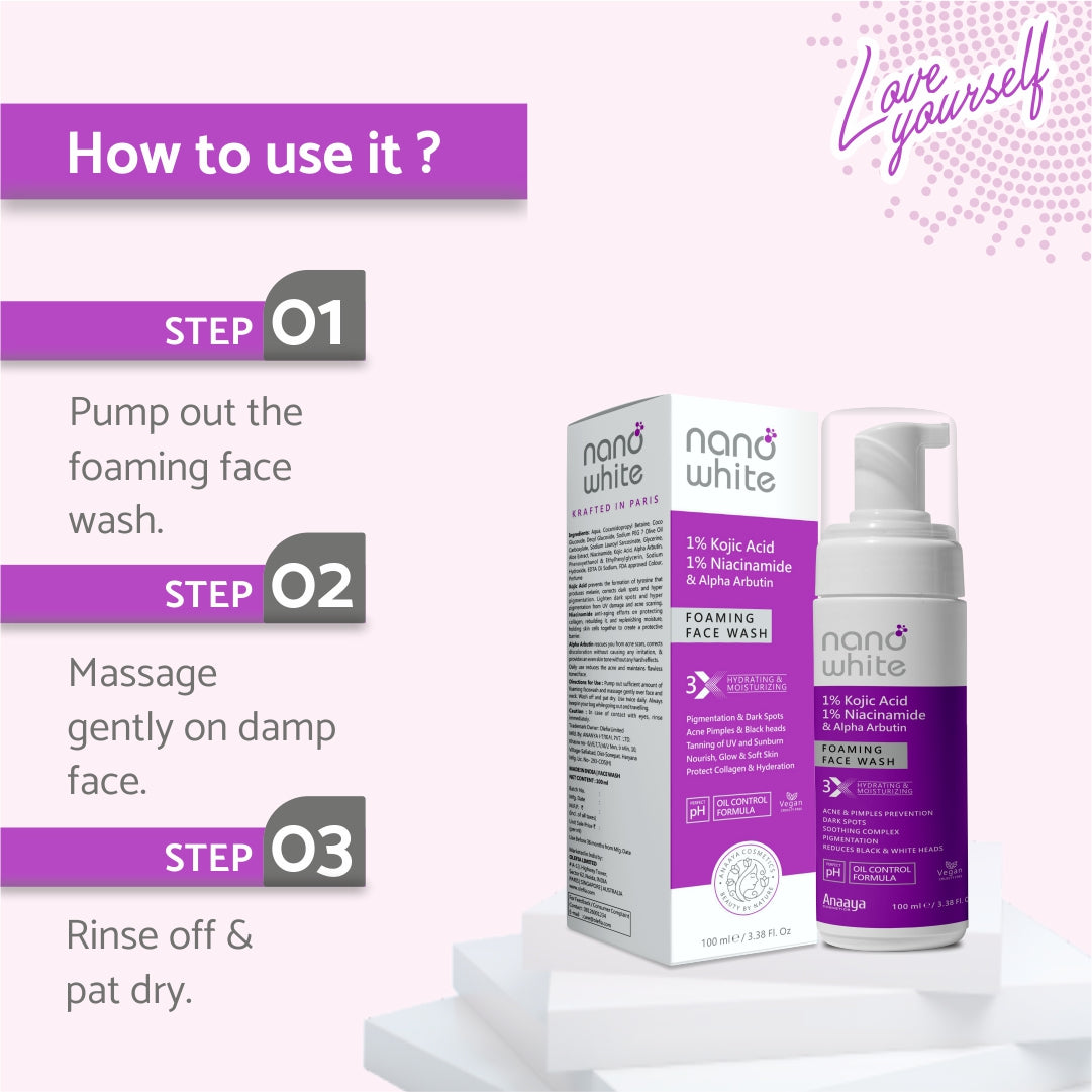 Nano White 1% Kojic Acid, 1 % Niacinamide & Alpha Arbutin |Acne Pimple|Dark Spot|Lightening Brightening Pigmentation Foaming Face wash 100 ml