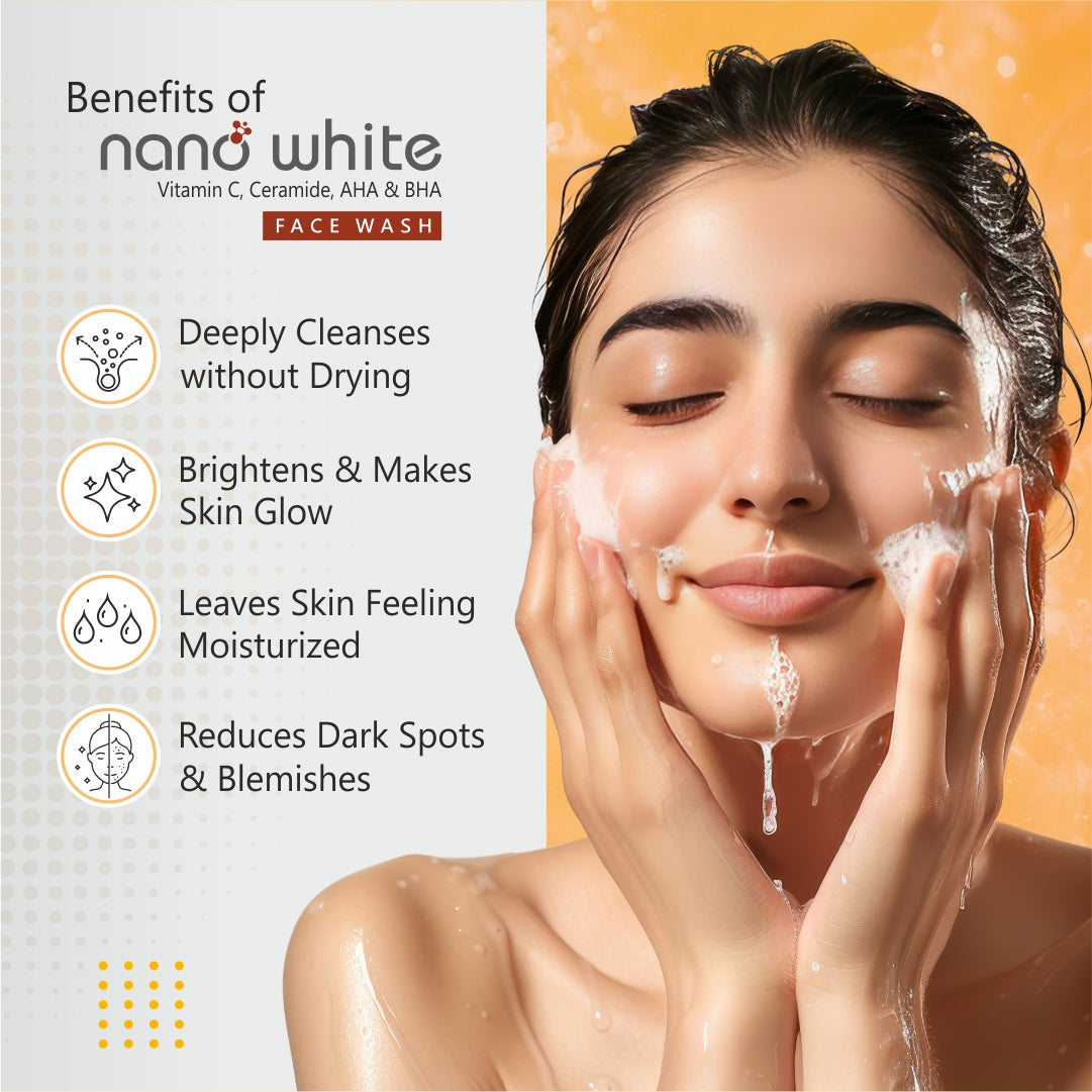 Nano White Super Glow| Vitamin C, Ceramide, AHA & BHA | Tighten Pore |Detox Oil Control |Skin Exfoliation| Brighter Skin Face wash 60 ml (Pack of 2)