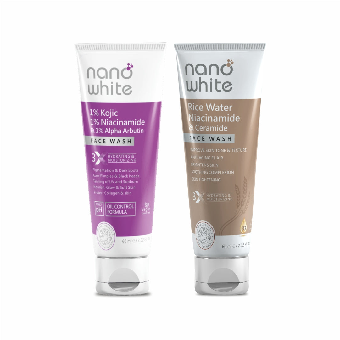 Nano White Creamy Face Wash Combo | 1% kojic Acid + 1% Niacinamide and Rice water + Ceramide Facewash (1 + 1) | Brightens & Repairs Skin