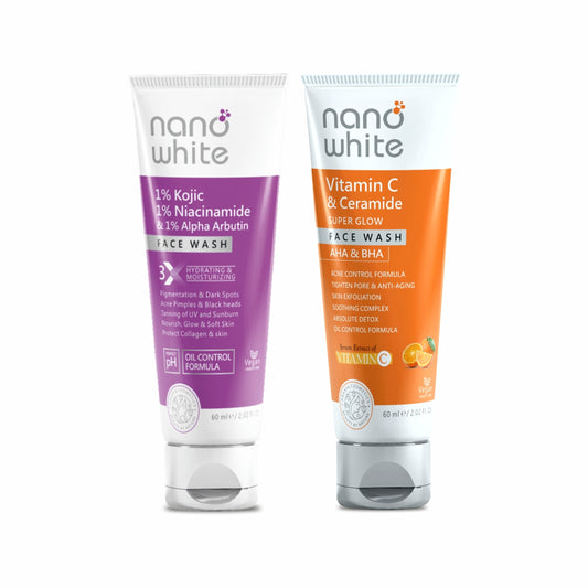Nano White Multi-Action Face Wash Combo | 1% Kojic Acid + 1% Niacinamide and Vitamin C + Ceramide Facewash (1 + 1) | For Bright & Clear Skin