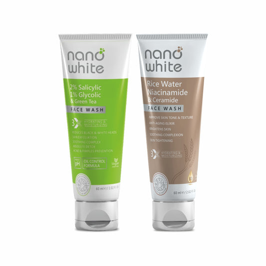 Nano White Face Wash Combo | 2% salicylic Acid + 1% Glycolic Acid and Rice water + Niacinamide Facewash (1 + 1) | Fights Acne & Repairs Skin