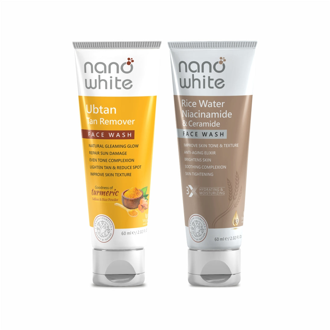 Nano White Tan Removal & Barrier Repair Face wash Combo | Ubtan Tan Remover and Rice water + Niacinamide Facewash (1 + 1) | Glow + Hydration