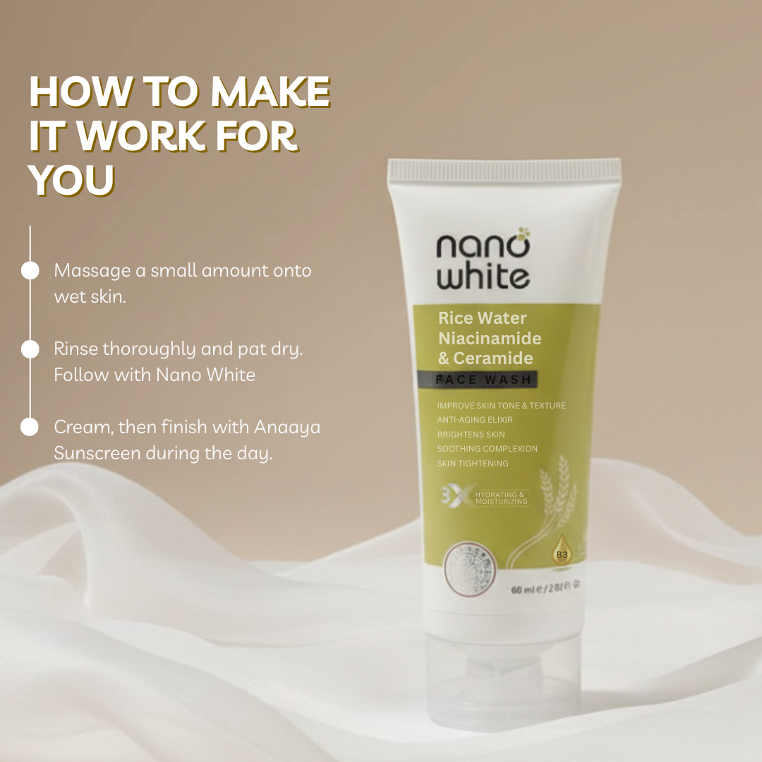 Nano White Rice Water, Niacinamide & Ceramide For Glass Skin | Tightening |Nourishing Glowing | Extra Hydrating |Anti Aging Face wash 60 ml (Pack of 2)